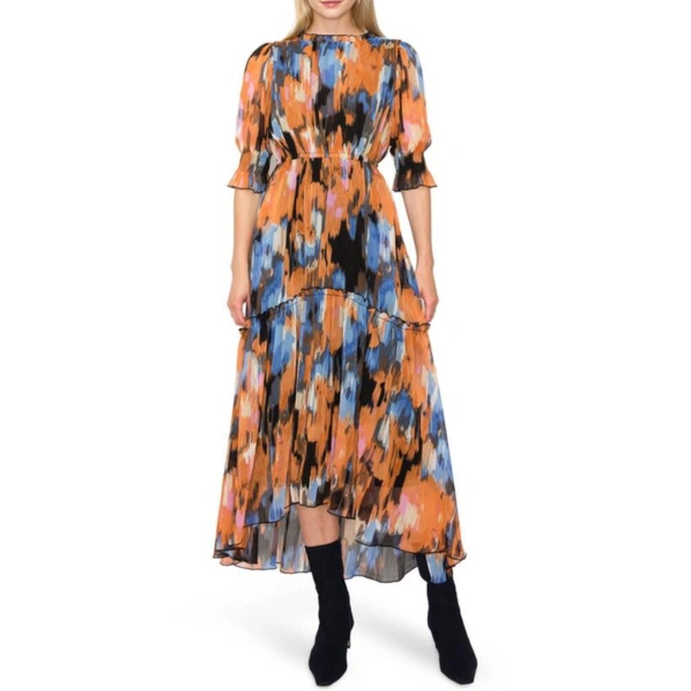 NWT MELLODAY Womens Ruffle Gauze Midi Dress In Blue Orange Abstract